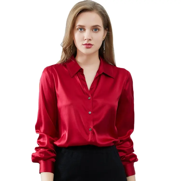 Red Stretch Satin Silk Shirt for Women  Casual V-Neck Blouse in Solid Red  | Available in S, M, L, XL - Eco-Friendly & Breathable