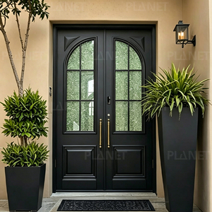 Porte d'entrée double classique française noire mate avec verre texturé cintré - Product Image 3