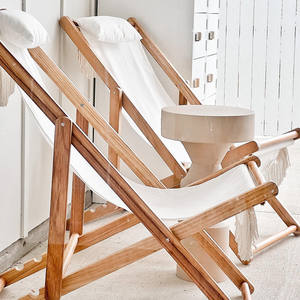 Chaises longues de <span class=keywords><strong>jardin</strong></span> en <span class=keywords><strong>toile</strong></span> vintage de qualité supérieure avec franges en <span class=keywords><strong>bois</strong></span>, réglables, sans accoudoirs, pour patio, bord de piscine - Product Image 2