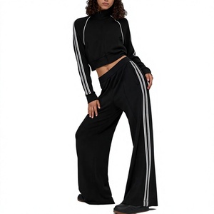 Women's <b>Black</b> 2 Piece Sporty Set Full Sleeve <b>Turtleneck</b> Zip Up Top Wide Leg Sweatpants With Side Stripes Loose Fit All Seasons - Product Image 1