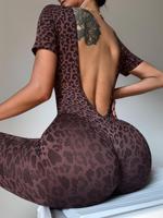 Combinaison de yoga léopard personnalisée avec logo, une pièce, manches courtes, dos nu, unitard moulant pour femme, tenue de sport pour la gym et l'entraînement