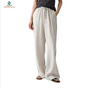 Pantaloni Estivi di Alta Qualità in Puro <span class=keywords><strong>Lino</strong></span> per Donna, Pantaloni Larghi a Vita Alta con Chiusura a Coulisse, Gamba Dritta - Product Image 1