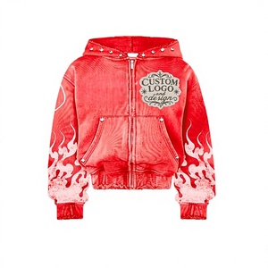 Sweat à capuche oversize imprimé flamme rouge, broderie vieillie, délavage acide, délavage à la pierre, strass, épaules tombantes, MOQ 10 - Product Image 1