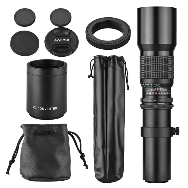 Andoer 500mm/ 1000mm F/8 High Power Camera Telephoto Lens Manual Focus with 2X Converter Lens Cover Lens for Nikon
