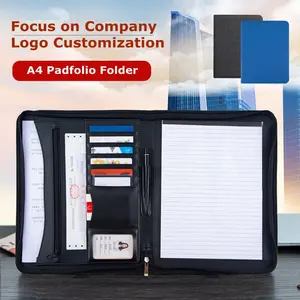 Benutzer definierte A4 Leder PU Organizer Reiß verschluss Pad folio Dokument ordner, Professional Work Folder, Werbe geschenke Black Portfolio Ordner