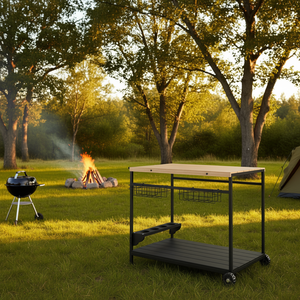 Carrito de Bar para Exteriores con Superficie de Madera y Estructura de Acero Inoxidable, Juego de Servicio de Bebidas para Camping y Asados, Diseño Moderno - Product Image 2