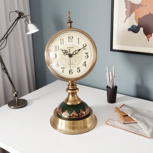 European Retro Style Desk <b>Clock</b> Circular Silent <b>Table</b> <b>Clock</b> For Living Room Decorative Standing <b>Clock</b> With Brass Base And Green - Product Image 5