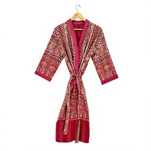 Kimono geométrico estampado en rojo y azul para mujer, manga tres cuartos, largo completo, cuello en V, ropa informal, 100% algodón tejido, ropa de dormir - Product Image 2