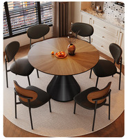 Ensemble de salle à manger rond rétro en bois massif de noyer pour 4-6 personnes, base conique noire et chaises rembourrées blanc-noir (ou pour réception à domicile)