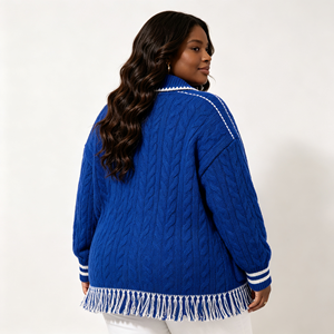 <span class=keywords><strong>Cardigan</strong></span> OEM Autunno Inverno per Donna <span class=keywords><strong>con</strong></span> <span class=keywords><strong>Collo</strong></span> <span class=keywords><strong>a</strong></span> <span class=keywords><strong>Scialle</strong></span>, Bottoni Metallici, Loghi Ricamati, Lavorazione <span class=keywords><strong>a</strong></span> Maglia Intrecciata Blu e Nappine - Product Image 2