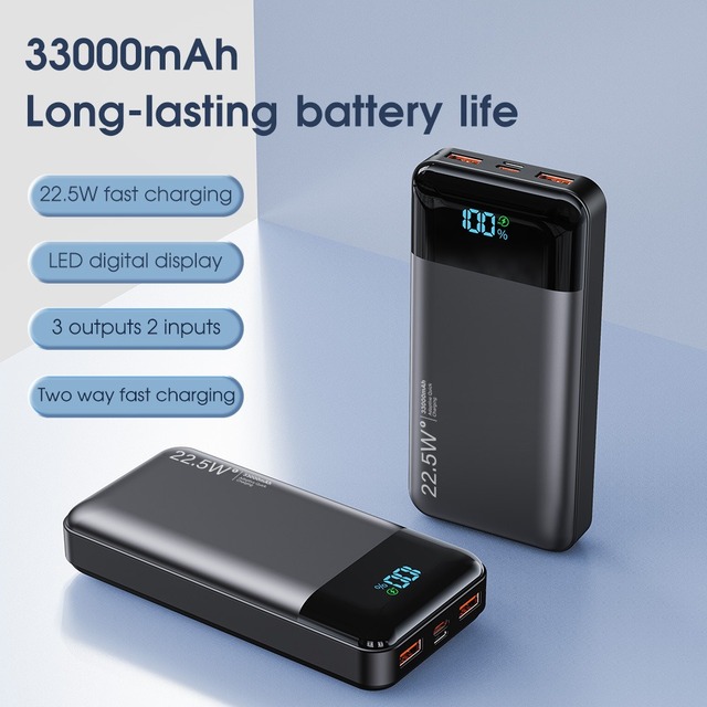 Travel Power Bank 20000mAh 22.5W Fast Charger Built-in Cables LED Display for Airplane Flights Road Trips EU US