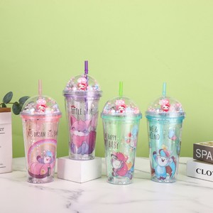 450ml Cute Cartoon Fox Pony Print Double Wall <b>Plastic</b> Tumbler with Straw Dome Lid Pastel Pom Pom Beads & Mini Cartoon Character - Product Image 6
