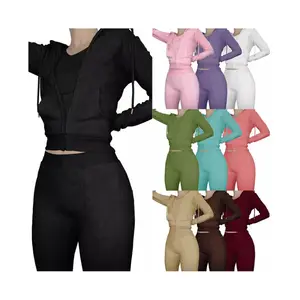 W5602 Hot Sale Winter Fall Ladies Soild Sports Suit Vest With Pockets Hooded Three Piece Set Terry Towel Zip Up Hoodie Women Set