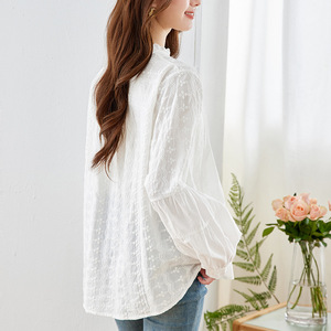 Cotton Embroidered White Shirt Women's Long Sleeve 2026 Spring New Design Organ Pleated Top Wooden Ear Collar Shirt - Product Image 4