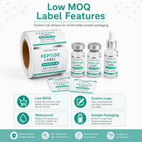 Étiquettes personnalisées pour peptides à faible MOQ, autocollants en rouleau imperméables, étiquettes personnalisées avec logo privé pour petits flacons, fournisseur d'étiquettes d'emballage d'échantillons