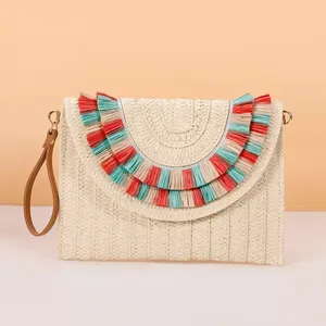 Bohemian Woven Straw Envelope Handbag Beach <strong>Woman</strong> Handmade <strong>Ruffle</strong> Edged Raffia Clutch <strong>Bag</strong>