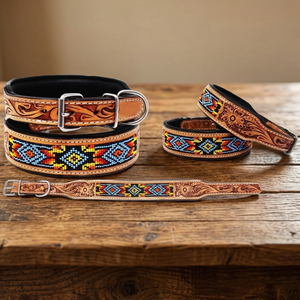 High Quality Soft Padded Beaded Dog Collar Hand Carved Design New Arrival High Quality <b>Leather</b> Collar <b>Rivet</b> Super September Sale - Product Image 2