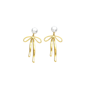 ต่างหูแฟชั่นแบบห้อย สแตนเลส 316L ชุบทอง PVD ประดับมุก ดีไซน์โบว์ - Product Image 2