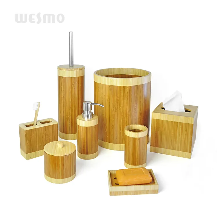 Juego de dispensador de jabón de plato de bambú para baño conveniente de fábrica, juego de accesorios de baño de bambú, accesorios para el hogar