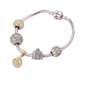 Silver Plated Charm <b>Bracelet</b> With Crystal <b>Beads</b> And Building Pendant For Women Classic Style Gift Jewelry - Product Image 5
