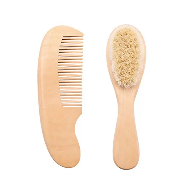 Eco-friendly natural wooden baby hair brush comb set for new Baby Hair Brush with Soft Goat Bristles Cradle Cap Brush