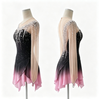 Robe de patinage artistique pour filles, noir, violet, rose ombré, avec strass, manches longues en maille et jupe à volants pour la compétition