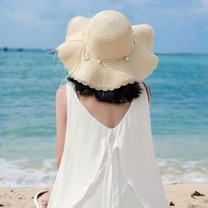 Female Summer Wave Brimmed Pearl Straw Hat <b>Sunscreen</b> Beach Sun Hat for Women - Product Image 6