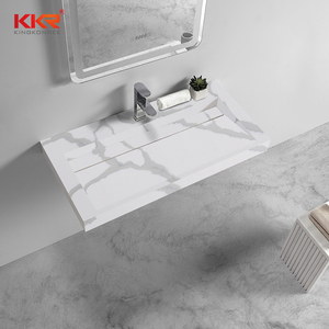 Lavabo mural moderne en surface solide modifiée, motif marbre quartz, pour hôtel, à poser sur comptoir de salle de bain - Product Image 4