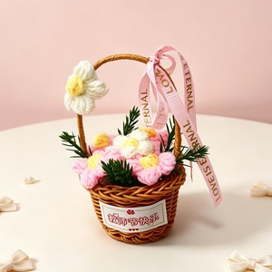 Panier de fleurs tricoté à la main en fil de laine, fleurs artificielles, cadeau pour la fête des enseignants, vente en gros - Product Image 4