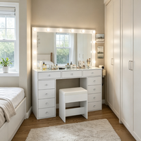Grande table de maquillage moderne blanche avec miroir éclairé, tabouret rembourré et 10 tiroirs multi-rangements