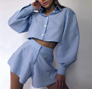 Conjunto de Dos Piezas Casual de Verano para Mujer, Camisa Corta a Cuadros y Pantalones Cortos, Estilo Lindo - Product Image 2