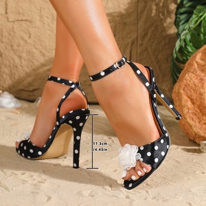 Sandali Donna Vintage con Motivo a Pois, Eleganti con Decorazione Floreale Bianca, Tacco alla Caviglia, Sexy con Punta Aperta, Scarpe da Cerimonia per Signore - Product Image 6