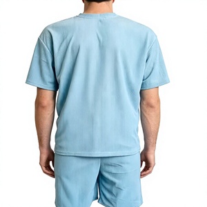 Men Solid Light Blue Ribbed Crew Neck T-Shirt Shorts Set Casual Knit Summer Outfit Breathable Waffle Texture Polyester/Cotton - Product Image 3