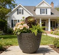 Pot de fleurs en plastique PP brillant avec surface martelée, rouge, décoratif, durable, léger, avec trou de drainage pour la maison et le jardin