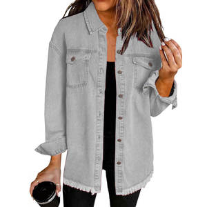 Chaquetas vaqueras de primavera y otoño para mujer, chaqueta vaquera de manga larga, camisa con botones, chaqueta sólida informal para <span class=keywords><strong>novio</strong></span> con bolsillos - Product Image 4