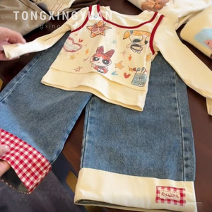 Tongxingyuan Girls Cartoon T-Shirt And Plaid Jeans Set Autumn Cotton Two-Piece Outfit Kids Fashion Clothes - Product Image 1