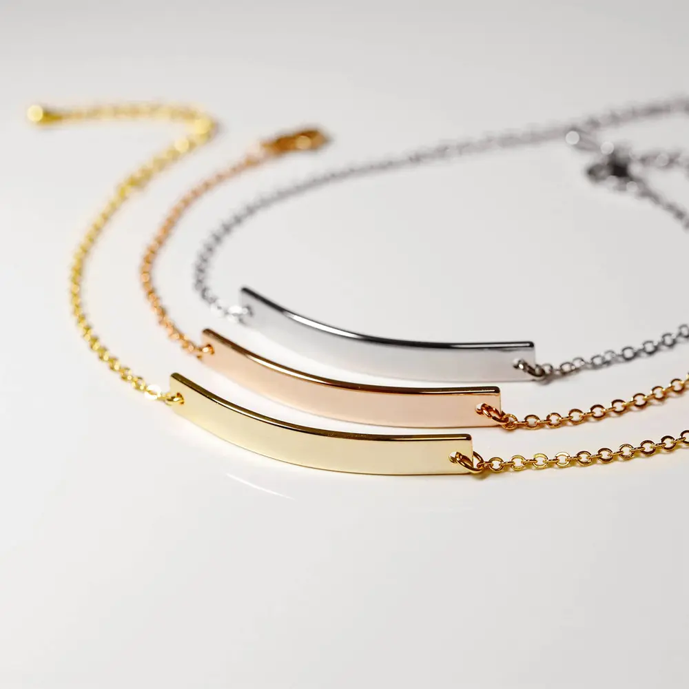Thin Gold Chain Engraved Bracelet Custom Stainless Steel Bar Stacking Bracelet Personalized Name Bar Bracelet For Women