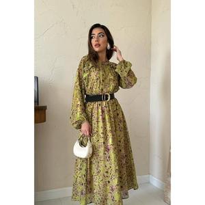 Vestido Verde de Gasa con Volantes, Estampado Floral, Corte Holgado, Cintura Natural, para Uso Diario Informal - Product Image 2