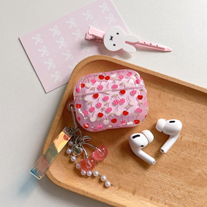 Étui pour <span class=keywords><strong>AirPods</strong></span> Pro 2 3 rose cerise coréen mignon, coque de protection transparente en TPU de luxe avec porte-clés cerise perlé - Product Image 5