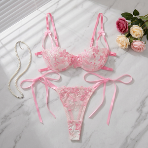 Wholesale Pink Floral Embroidery Lace Lingerie <b>Set</b> <b>Sexy</b> Sheer Mesh Underwire Bra and Tie Side Thong Panties <b>Set</b> <b>Sexy</b> Bra <b>Set</b> - Product Image 2