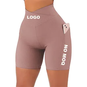 Shorts de cintura alta com corte em v, bermuda de cintura alta com bolsos para costura traseira, envoltório e faixa cruzada, para academia, yoga