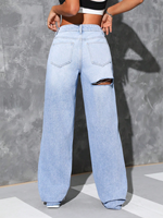 Jean Boyfriend Simple et Tendance pour Femme, Taille Basse, Coupe Droite, en Denim Décontracté, avec Trous aux Genoux Élégants, Tissé Printemps