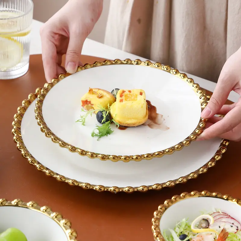 Porcelain Gold Rimmed Dinner Sets Wedding Tableware Ceramic Charger Plates Soup Gold Rim Dinnerware Restaurant Plates