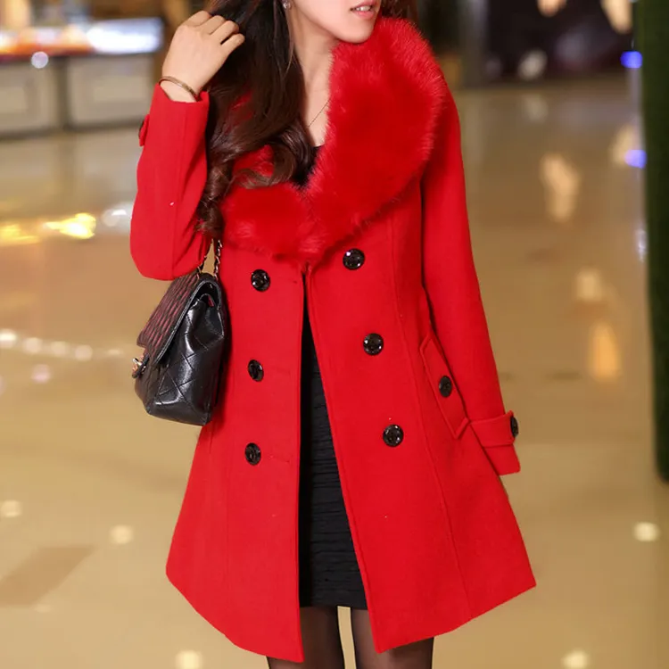 Jtfur Reversible Lady Polo Coat Ladies Wool Jacket Blazer with Large Fur Collar
