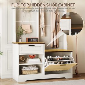 <span class=keywords><strong>Meuble</strong></span> d'entrée moderne en bois avec banc, porte-manteau, rangement <span class=keywords><strong>à</strong></span> chaussures 6-en-1, tiroir rabattable, armoire <span class=keywords><strong>à</strong></span> chaussures, 4 compartiments de rangement et étagère réglable - Product Image 2