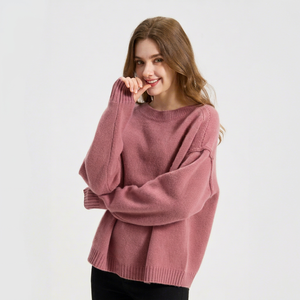 Pull-over en tricot rose pour femme, col rond, manches longues, décontracté, pour l'automne, 100% acrylique, anti-boulochage, coupe classique - Product Image 1