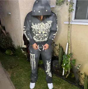 Custom Oversize French Terry Screen Print Vintage Flare Pants And Hoodie 2 Piece Set Sweatsuit Acid Washed Tracksuit Men