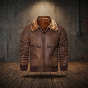 Chaqueta de hombre de cuero genuino con cuello de sherpa, forro de piel sintética, cierre de cremallera, abrigo corto, resistente al viento, ropa de abrigo para invierno. - Product Image 6