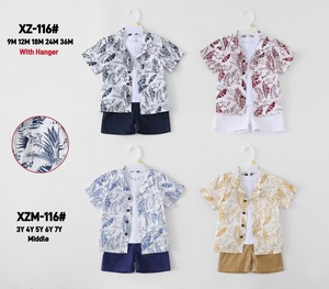 Ensemble de trois pièces pour garçons, chemises à manches courtes et shorts pour bébés garçons, tissu en coton tissé avec motif de fleurs et de feuilles - Product Image 2