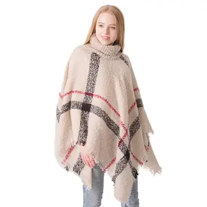 Poncho de malha xadrez xadrez caxemira, casaco feminino, quente, para o inverno